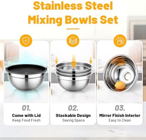 Beasea Mixing Bowls with Lids, 3 Pack 3.4 QT Kitchen Stainless Steel Mixing Bowls with Lids, Metal Nesting Set for Baking, Prepping, Serving, Salad and Food Storage