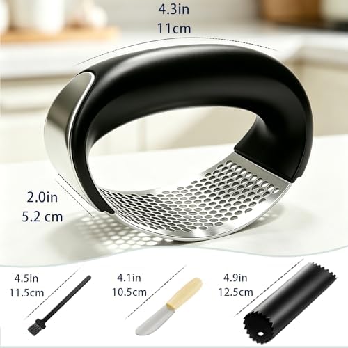 Garlic Press Rocker Set – Stainless Steel Garlic Crusher, Mincer with Peeler & Scraper, Quick & Easy Garlic Smashing