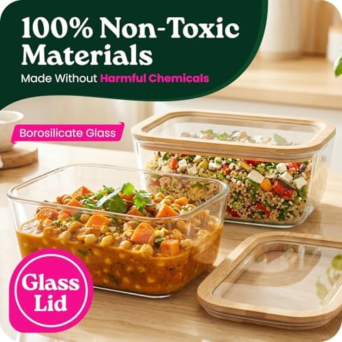 Large Glass Food Storage Containers with Glass Lids & Bamboo Rim – 87 Oz 2 Pack Plastic Free Glass Meal Prep Containers for Lunch, Eco Friendly Airtight Food Storage, Microwave & Oven Safe