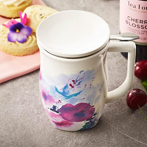 Tea Forte Ceramic Fiore Tea Cup with Infuser, Verbena Blossom, 14 oz