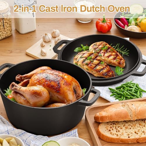 TLGREEN Cast Iron Dutch Oven 6.7QT Pot 2.5QT Skillet Lid Silicone Holders