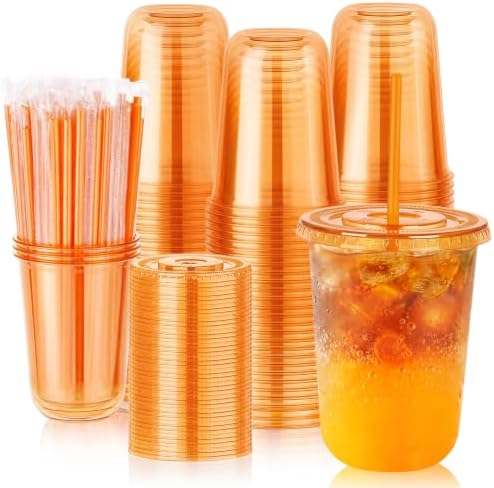tchrules 100 Set 16oz Orange Plastic Iced Coffee Cups with Lids & Straws
