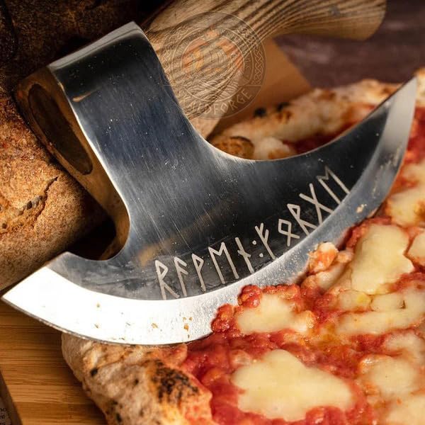 Viking Pizza Cutter Axe with Leather Sheath, Rune Engraving Carbon Steel Blade with Ash Wood Handle, Pizza Slicer Unique Tool for Kitchen & BBQ, Best Gift for Men and Women