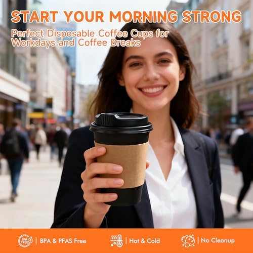 METAPRINT 100 Pack 16 oz Disposable Coffee Cups with Lids and Sleeves