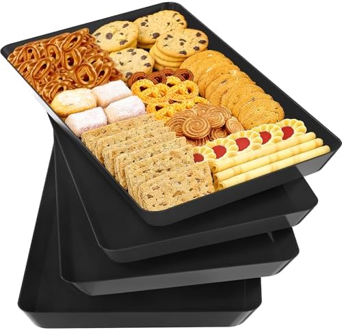 SpaceTrove 4-Pack Serving Tray Set, Reusable Plastic Serving Platter for Party Supplies, Entertaining, Grilling Accessories, Stackable Kitchen Snack Box Container for Dessert, Fruit, Cookie, (Black)