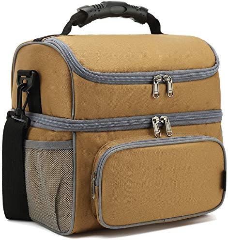 FlowFly Double Layer Cooler Insulated Lunch Bag Adult Lunch Box Large Tote Bag for Men, Women, With Adjustable Strap,Front Pocket and Dual Large Mesh Side Pockets