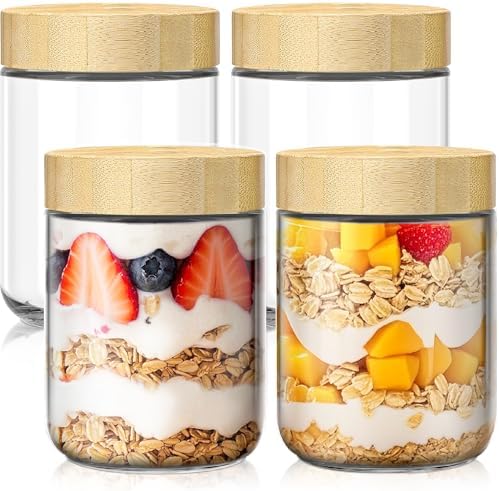 16 oz Overnight Oats Containers with Bamboo Lids, Glass Mason Jars 4 Pack