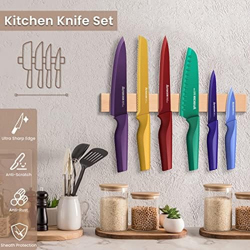 Astercook Knife Set, 12 Pcs Color-Coded Kitchen Knives Set, 6 Color Anti-Rust Coating Stainless Steel Chef Knife Sets with 6 Blade Guards Dishwasher Safe, Perfect Holiday Gifts for Kitchen
