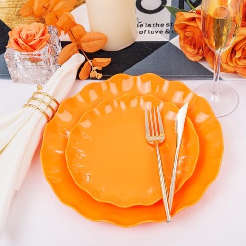LIYH 24 Orange Plastic Plates Reusable for Thanksgiving Halloween 12 Guests