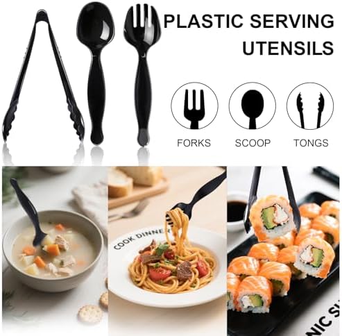 30 Pcs Disposable Black Plastic Serving Utensils,10 Set