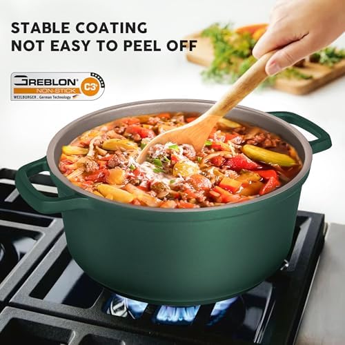 Large Dutch Oven Pot with Lid-7.5QT Cast Aluminum Oven Pot with Two Handles Lightweight for Bread Baking Braising and Roasting(Green)