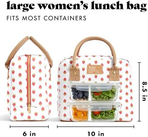 Fit & Fresh Bloomington Lunch Bag for Women - Insulated Large Lunch Box for Work with Containers, Leak-Resistant, Stain-Resistant, Zipper Closure, Strawberry