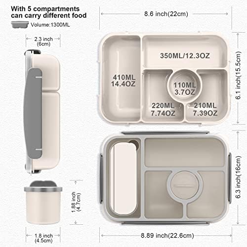 Amathley Bento Box Adult Lunch Box Kids,Lunch Containers for Adults/Kids/Toddler,5 Compartments Bento Lunch Box with Sauce Vontainers,Microwave & Dishwasher & Freezer Safe,BPA-Free (White)
