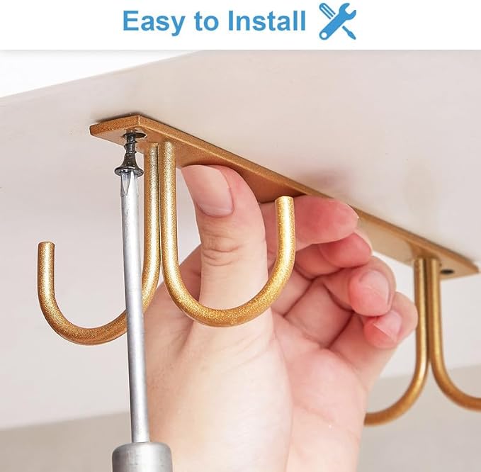 Mug Rack Under Cabinet - Coffee Cup Holder, 8 Mugs Hooks Under Shelf, Display Hanging Cups Drying Hook for Bar Kitchen Utensils Gold