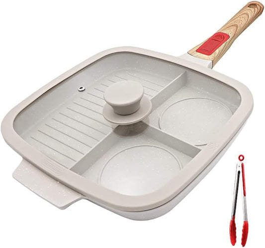 3 Section Grill Pan for Stove Tops with Detachable Handle, Nonstick Versatile Griddle Pan with Lid, Square Skillet PFOA Free, White