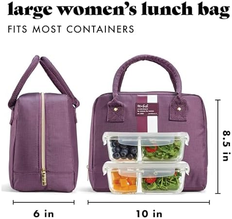 Fit & Fresh Bloomington Lunch Bag for Women - Insulated Large Lunch Box for Work with Containers, Leak-Resistant, Stain-Resistant, Zipper Closure, Plum Stripe (Pack of 4)