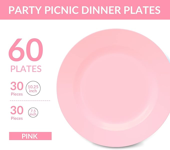 POSATE Plastic Plates Disposable 60 PCS, Heavy Duty 30 Dinner Plates 10.25" and 30 Dessert Plates 7.5" for Party, Pink