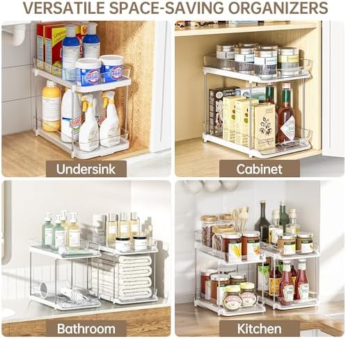 Delamu 2-Tier Multi-Purpose Bathroom Under Sink Organizers and Storage, Stackable Kitchen Pantry Organization, Pull Out Medicine Cabinet Organizer with Movable Dividers, White, 1 Pack