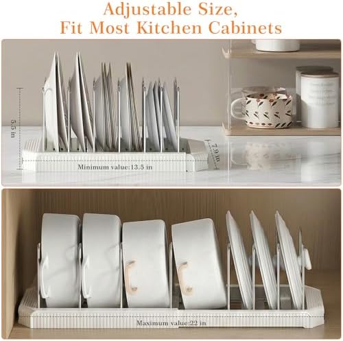 1 Pack Expandable Pots and Pans Organizer Under Cabinet, 13-22" Kitchen Cabinet Organizer with 10 Adjustable Dividers and 10Pcs Pot Protectors for Lids, Baking Sheets & Cookware (1, White)