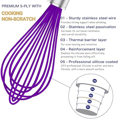 OYV Purple Silicone Whisk Set of 3, 8/10/12 Inch, Non-Scratch