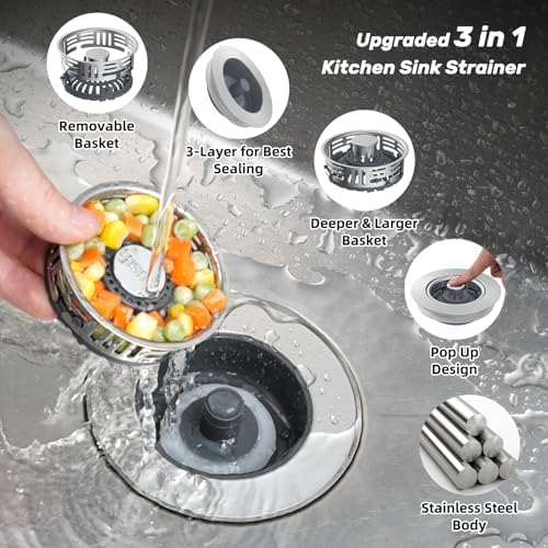 Hibbent 3 in 1 Kitchen Sink Drain Strainer, Metal Pop Up Stopper