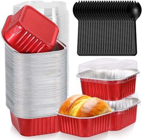 selizo 60 Pack 10oz Mini Disposable Cake Pans with Lids, Aluminum Foil Square Baking Cups, 4.4x4.4 Large Baking Cake Tins Cup Cake Containers with Lids for Individual Cakes