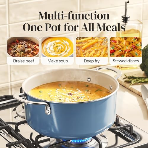 Redchef Ceramic Stock Pot, Induction Cooking Pot with Glass Lid for Soup, 5Qt Stockpot Nonstick Soup Pot, Even Heating, Stay-Cool Handles,Fits All Stoves, Oven/Dishwasher Safe, PFAS Free (Blue)