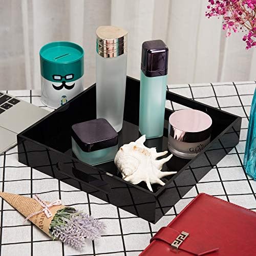 KEVLANG Glossy Black Sturdy Acrylic Serving Tray with Handles-10x10Inch-Serving Coffee,Food,Breakfast,Butler-Kitchen Countertop Tray-Makeup Drawer Organizer-Vanity Table,Ottoman Tray-Decorative Tray