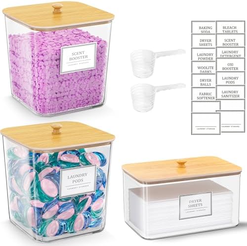 HomePekite Laundry Pods Storage Container, Clear Acrylic Laundry Room Organization and Storage ,Detergent Powder Container,with Wooden Lids & Labels, 2+1 Pack