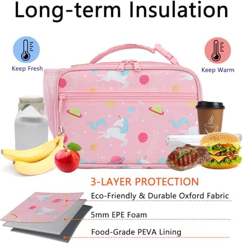 GYEUKHAM Insulated Lunch Box for School, Thermal Reusable Durable Freezable Lunch Bags for Kids Boys Girls Men Women - Small Soft Cooler Portable Lunch Tote Kit for Work Picnic Travel,Pink Unicorn