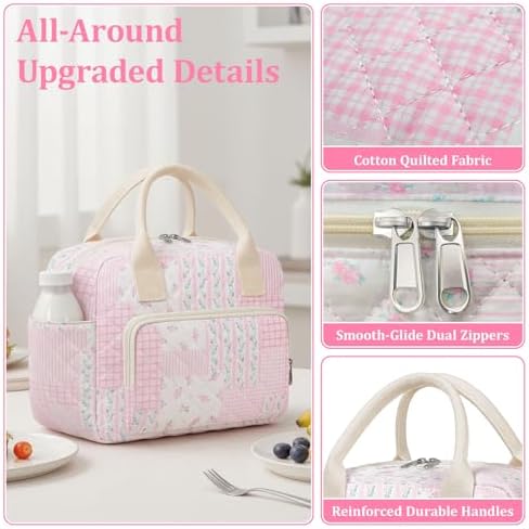 WOBAGMEN Quilted Lunch Box for Women, Insulated Lunch Bag for Adult,Cute Lunch Tote Bags for Work Picnic Travel (pink floral pin, M)