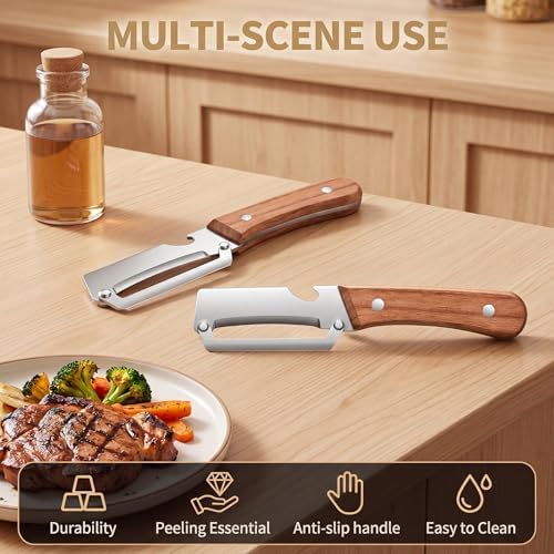Premium Kitchen Peeler with Bottle Opener,Thickened by 1.8mm&420J2-Equivalent High-Carbon Stainless Steel Blade Multi-functional Peelers for Fruit&Vegetable with Wooden Handle,Right-Hand use [2 Pack]