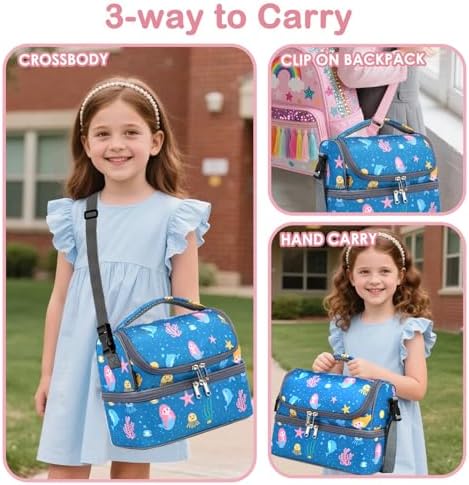 FlowFly Double Decker Cooler Insulated Lunch Bag Large Tote for Boys, Girls, Men, Women, With Adjustable Strap (Blue-Mermaid)