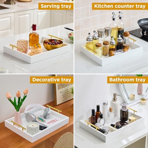 16"x12" Serving Trays with Handles, White Decorative Serving Tray, Ottoman Trays, Living Room, Bathroom, and Outdoors Decorative Trays (White) (Pack of 2)