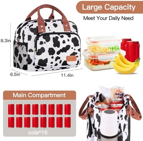 Lunch Bag for Women, Insulated Lunch Box for Women Men Work Adult, Cute Lunch Tote Large Capacity Reusable Cooler Containers for Picnic Travel Office or Beach (Cow)