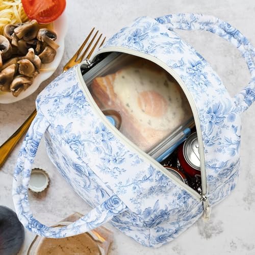 Bluboon Lunch Box for Women Cute Lunch Bag Reusable Insulated Lunch Bags Large Capacity Lunchbox Cooler for Work Picnic or Travel Gifts (Blue Roses Floral, 10 x 7.5 x 8 inches)