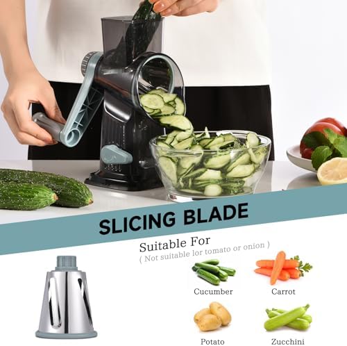 Rotary Cheese Grater with Handle Kitchen Shredder Slicer Grater Slicer Ice Shaver Cheese Vegetable Nuts Potato Zucchini Chocolate 3 Interchangeable Blades (GreyBlue)