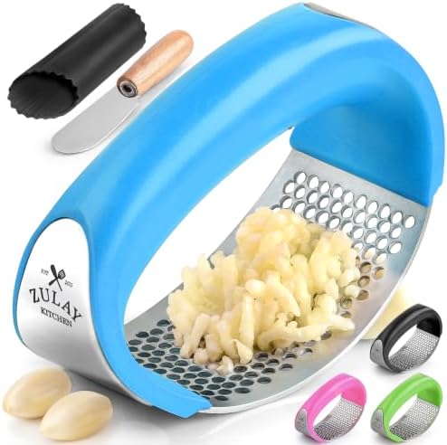 Zulay Kitchen Stainless Steel Garlic Press Rocker Set - Premium Garlic Mincer Garlic Crusher - New Innovative Garlic Crusher with Peeler and Scraper - Comfortable Grip (Blue)