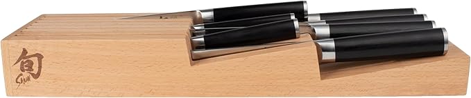 Shun Drawer Knife Tray, 7 Slot Wooden Knife Holder, Genuine Beechwood, Kitchen Storage for Professional and Home Chefs