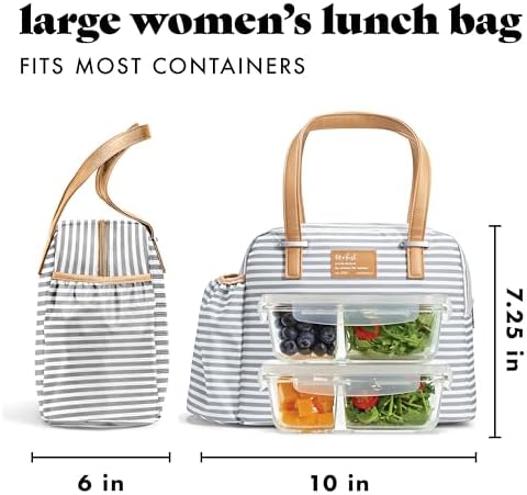 Fit & Fresh Insulated Leakproof & Stain-Resistant Large Lunch Box For Women With Expandable Bottle Pocket, Laketown Lunch Bag Gray Stripe