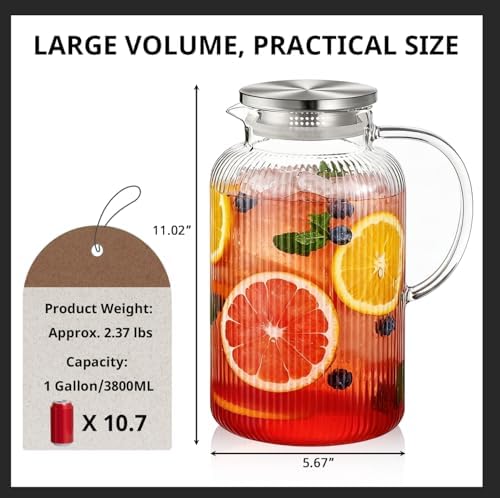 Bivvclaz 1 Gallon Glass Pitcher with Lid and Handle, Stripes Water Pitcher for Fridge, Borosilicate Glass Carafe for Hot/Cold Drink, Extra Large Jug for Iced Tea, Coffee, Juice, Homemade Beverage