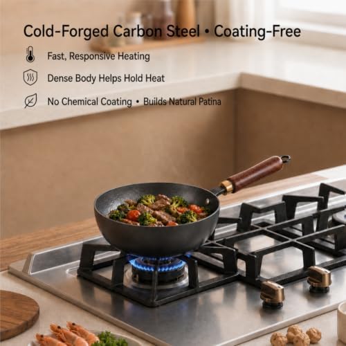7.8-Inch Small Carbon Steel Wok with Wooden Lid, 1.6QT