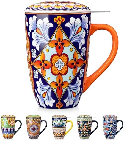 vancasso Ceramic Tea Mug with Infuser and Lid, 18 Ounce Bohemian Loose Leaf Cup, Microwave & Dishwasher Safe, Perfect for Tea, Coffee, Navy-Burnt Baroque