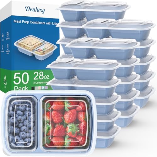 Dealusy 50 Pack 28 oz Meal Prep Containers with Lids 2-Compartment, Blue