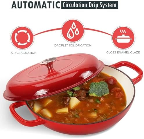 COOKWIN Cast Iron Casserole Braiser, 3.8 Quart Enameled Cast Iron Dutch Oven Pan with Lid, Heavy Duty and Dual Handles Skillet, Oven-Safe Porcelain Surface Casserole Dish, Red
