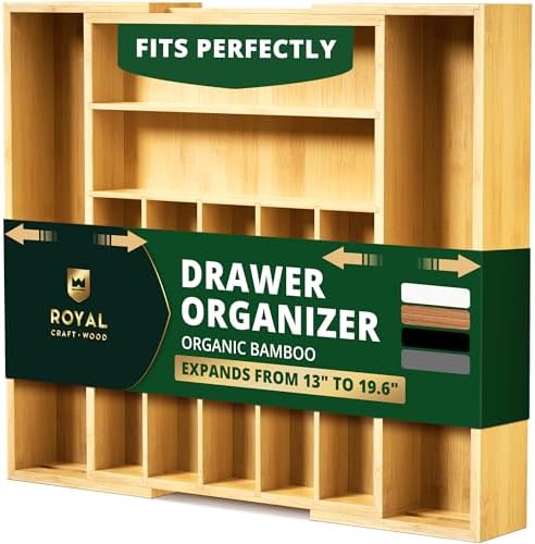 ROYAL CRAFT WOOD Luxury Bamboo Kitchen Drawer Organizer - Silverware Organizer, Utensil Holder & Cutlery Tray Drawer Dividers for Flatware (9 Slot, Natural)