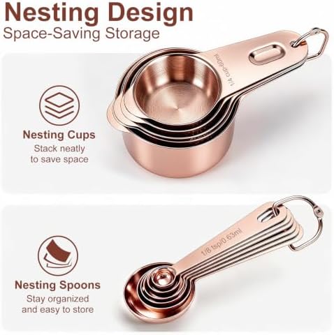 Bopei 14-Piece 18/8 Stainless Steel Measuring Cups and Spoons, Rose Gold