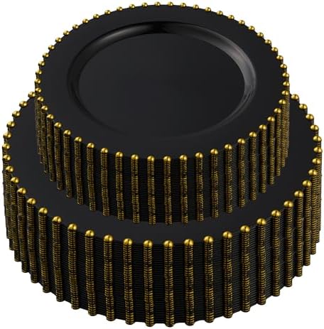 PLASTICPRO 128 Piece Combo Plastic Dinner Plates Disposable Plastic Fancy Heavy Duty Party Dishes 7 inch and 10 inch, Black and Gold Beaded