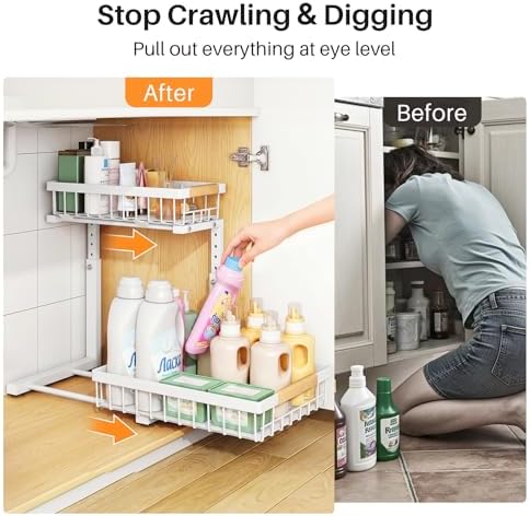 PXRACK Under Sink Organizer, Adjustable Height, 2 Tier Pull Out Under Cabinet Organizer, Slide Out Thickened Metal Under Sink Storage for Kitchen Bathroom Laundry Pantry Cabinet, White, Large-1-Pack