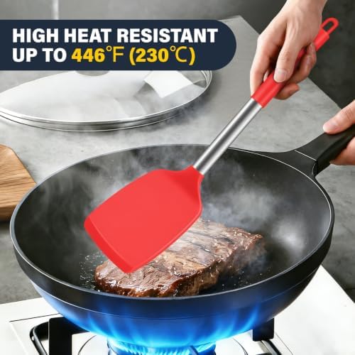 2 Pack Silicone Spatula Set, Solid & Slotted Turner for Non-Stick Pans, High Heat Resistant Silicone Spatula for Cooking, BPA-Free Stainless Steel Cooking Utensils for Fish, Eggs, Pancakes, Red